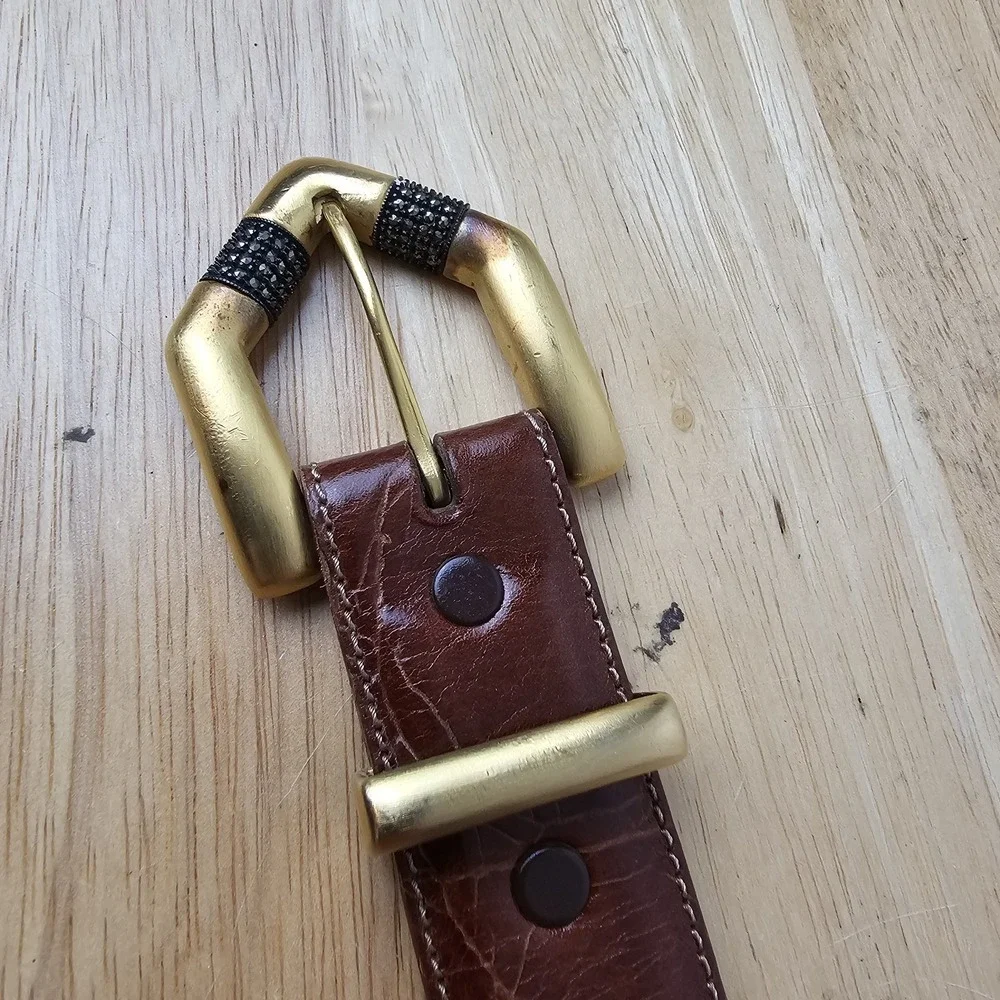 JUDITH JACK Womens Brown Leather Belt‎ MADE IN USA Size Medium Gold Buckle